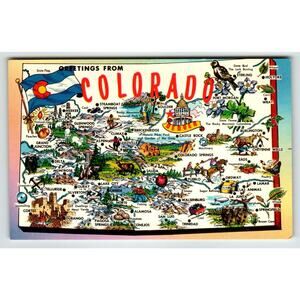 Postcard Greetings From Colorado Map Chrome State Flag Bird Lark Denver Unused